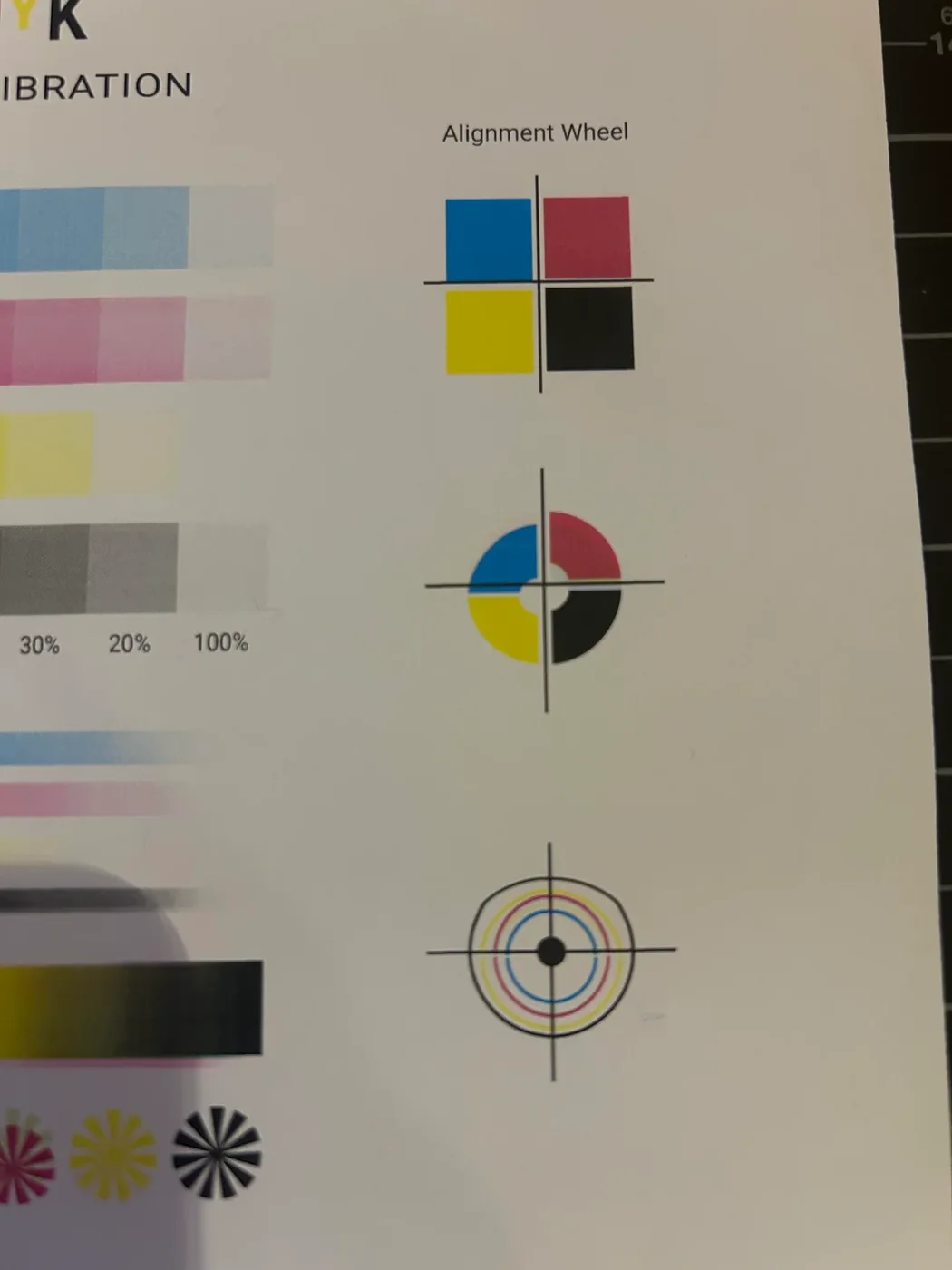 Photographed calibration page showing offset or doubled alignment targets