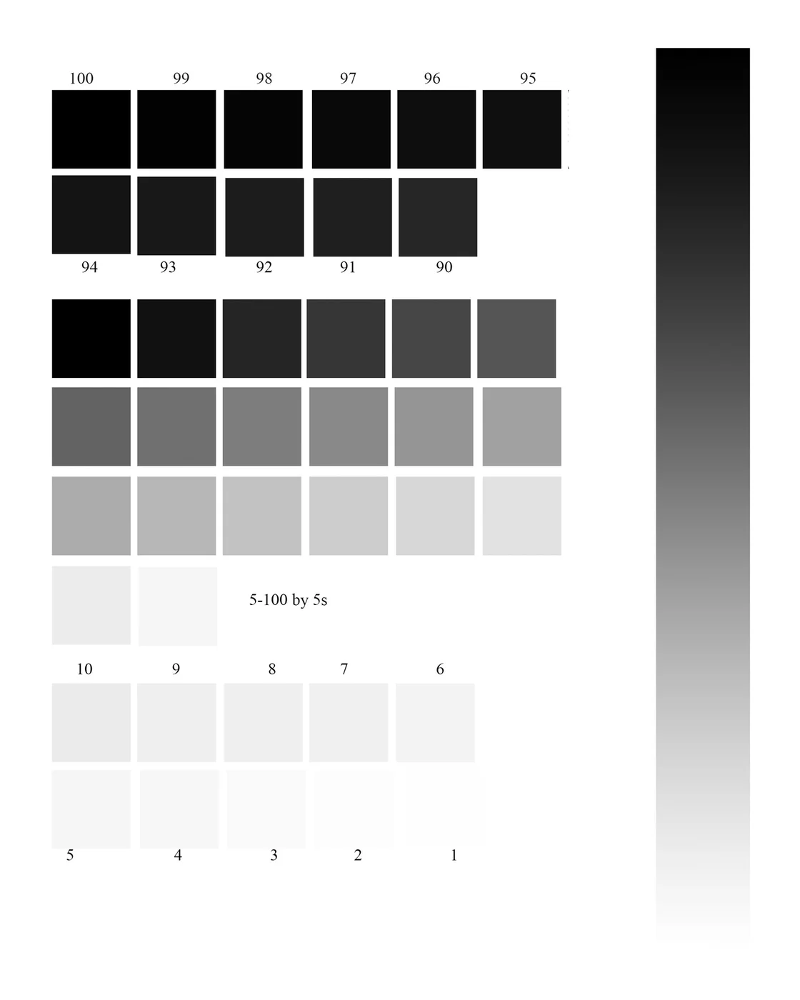 Black and grayscale density reference with dark solid blocks and a continuous black-to-white gradient