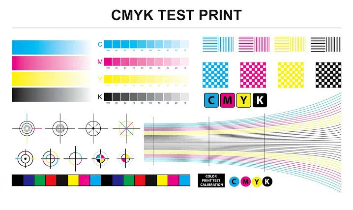 CMYK reference test pattern with cyan, magenta, yellow and black blocks, gradients and registration targets
