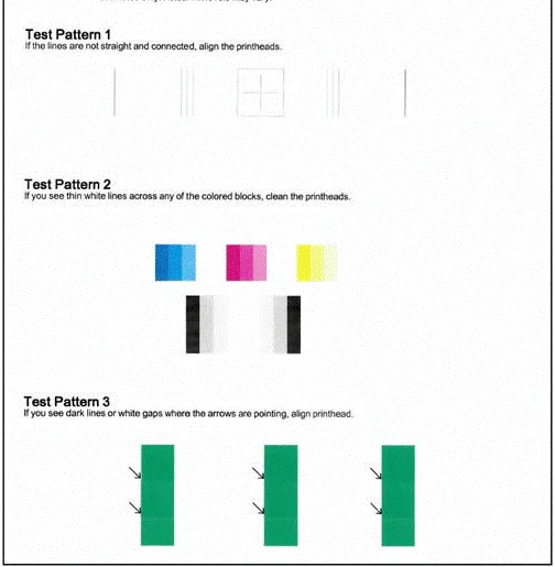 Cropped HP print-quality diagnostic page showing alignment lines, color blocks and print-quality test patterns